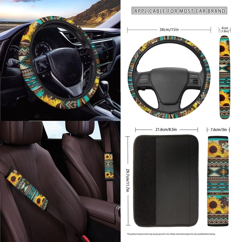 Wanyint Aztec Sunflower Blue Car Seat Cover Set 15 PCS, with Steering Wheel Cover Seat Belt Cushion Pad Garbage Bag Air Vent Pocket Rearview Mirror Cover Coasters Keychain for SUV Trucks Vans Sedans - Image 3